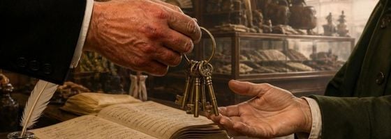 Dłoń kupca w eleganckim surducie przekazuje pęk mosiężnych kluczy staremu subiektowi nad ladą XIX-wiecznego sklepu